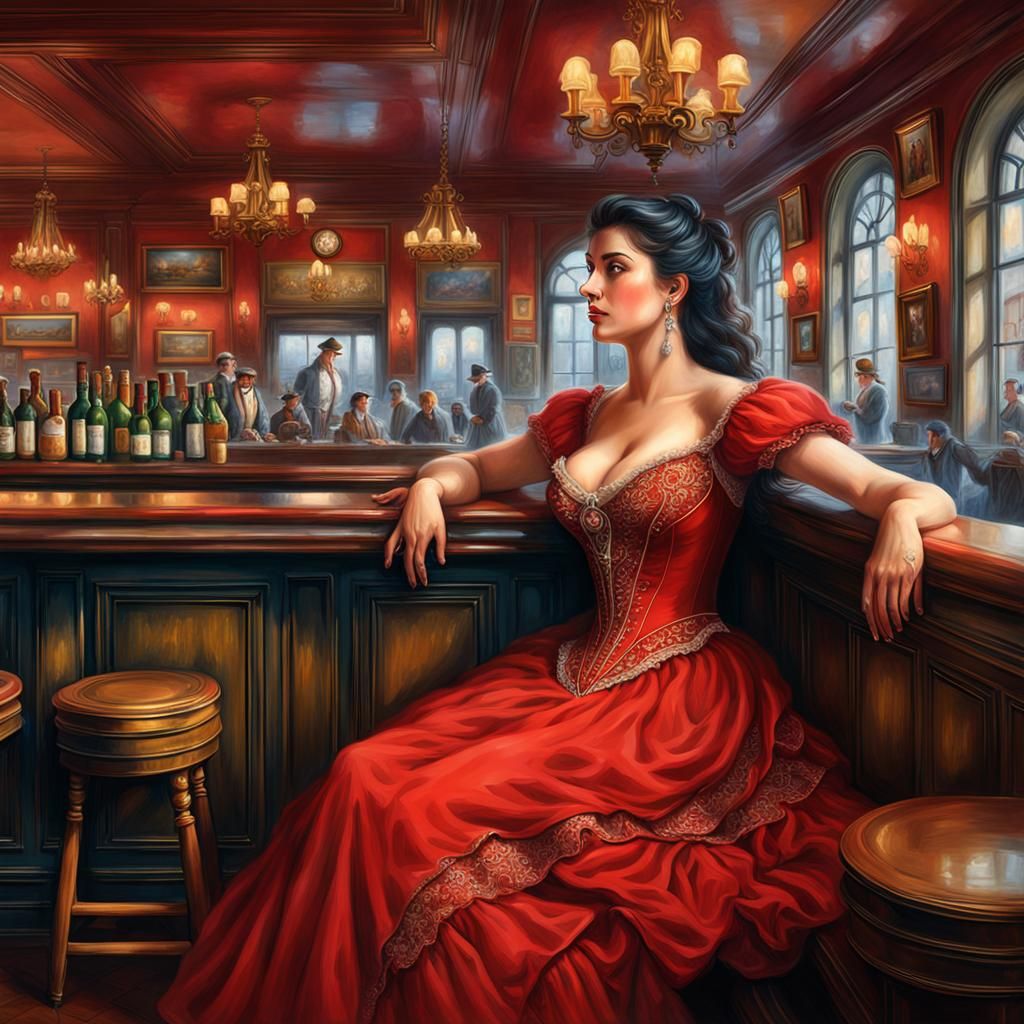 Dreaming Woman in Parisian Pub: Oil Painting
