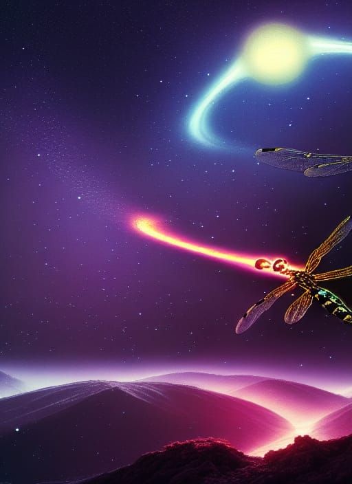 Dragonfly Soaring Through a Starry Galaxy