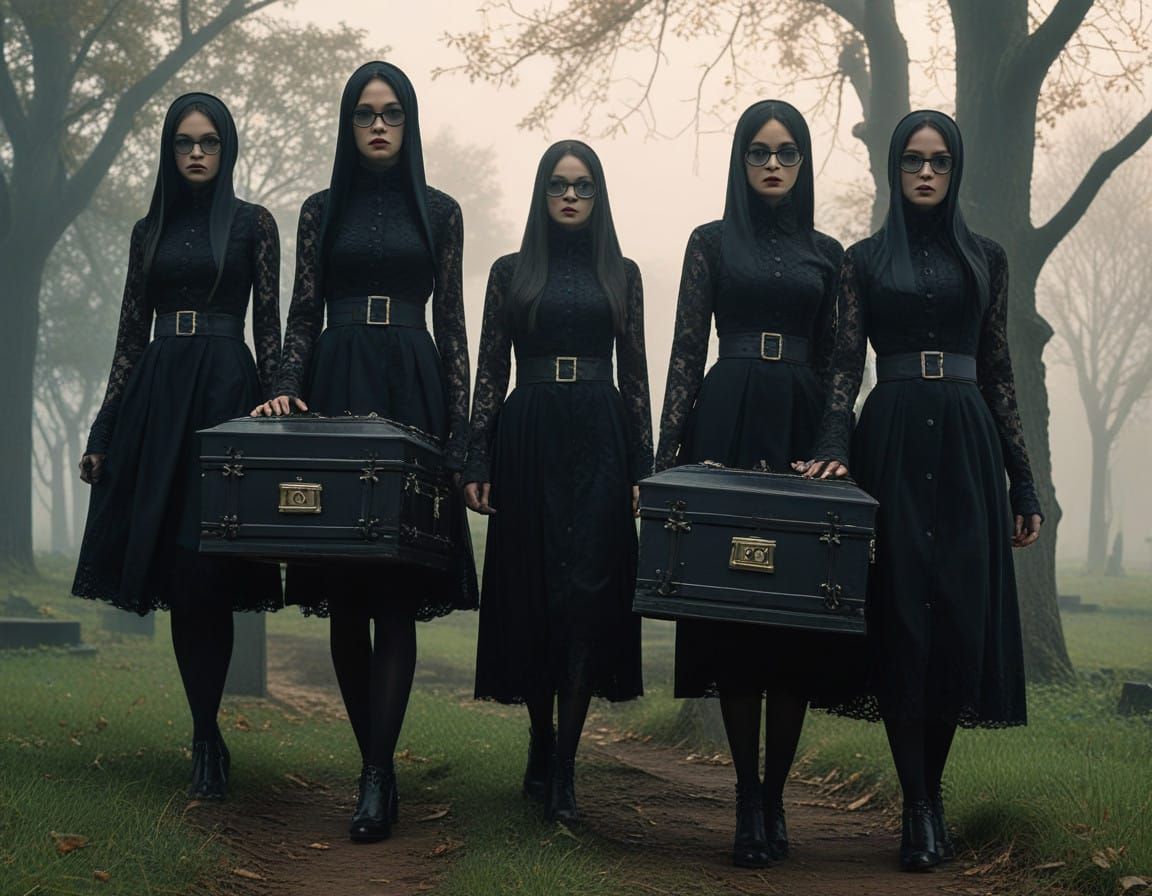 Gothic Beauties in Ebony Mourning Attire, Victorian-Style Co...