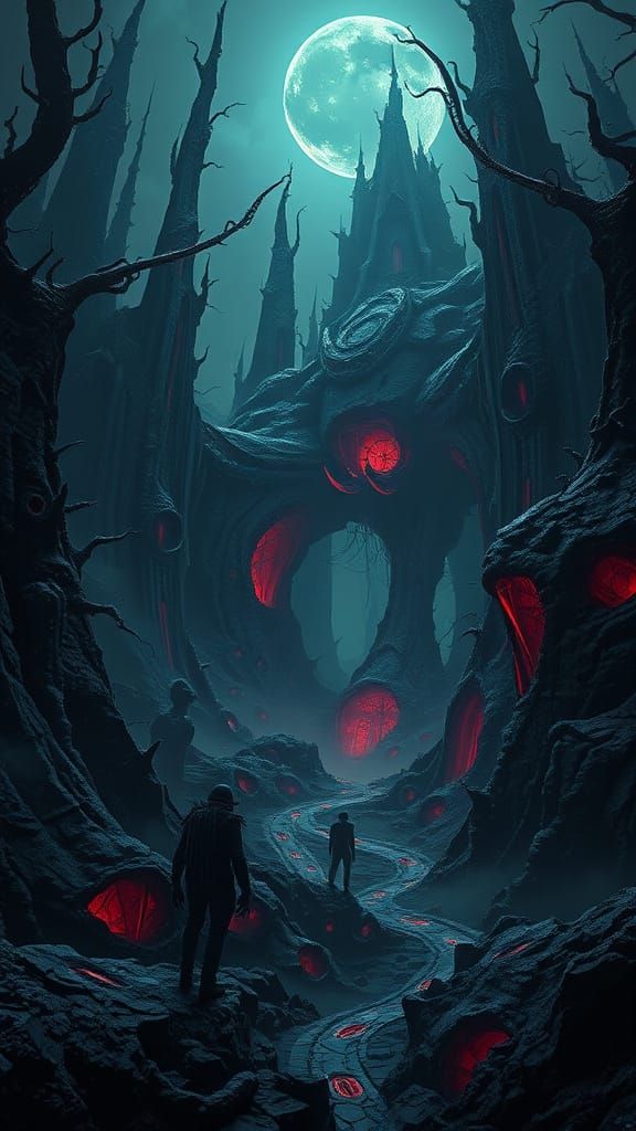 Dark, Gothic Biomechanical Landscape in Cyberpunk Style
