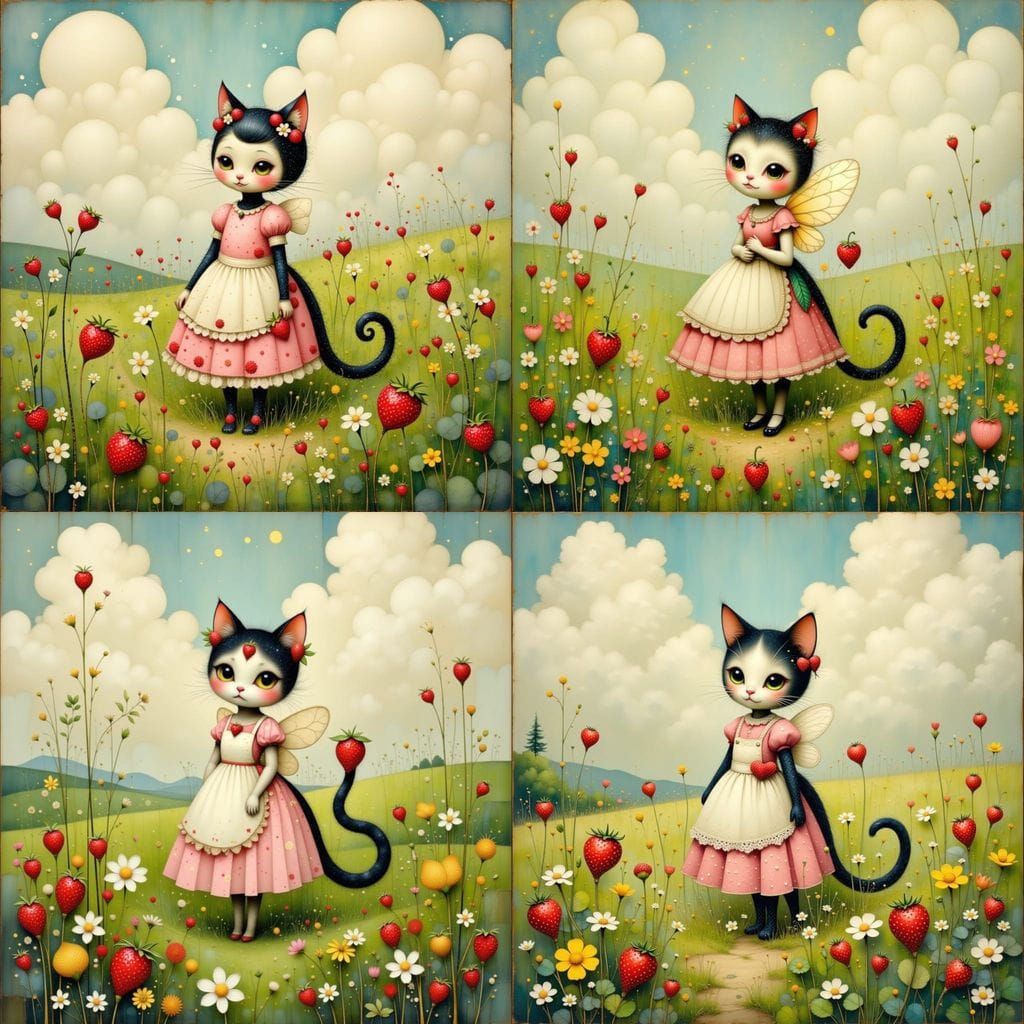 Strawberry Cat Fairy in Lush Field, Illustration