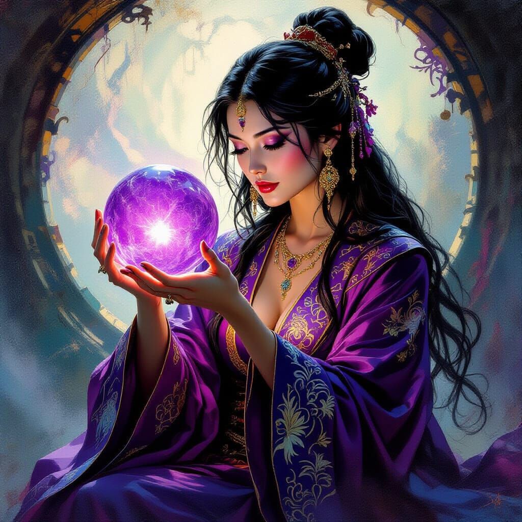 Oriental Witch with Amethyst Orb, Fantasy Oil Painting