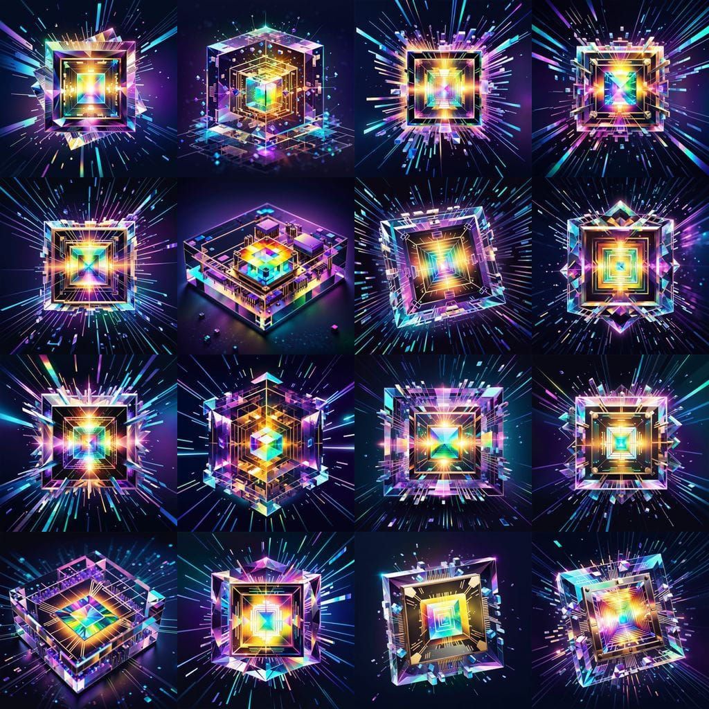 A prism rainbow crystal square quantum computer eletronic processador, transparent, iridescent, with etherial blue, cyan...