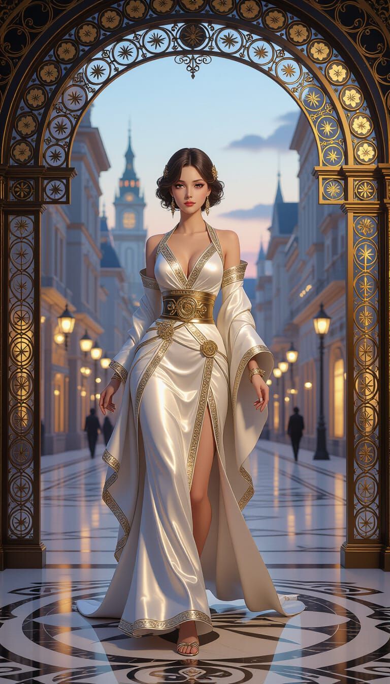 Elegant Woman in Art Deco Cityscape at Dusk