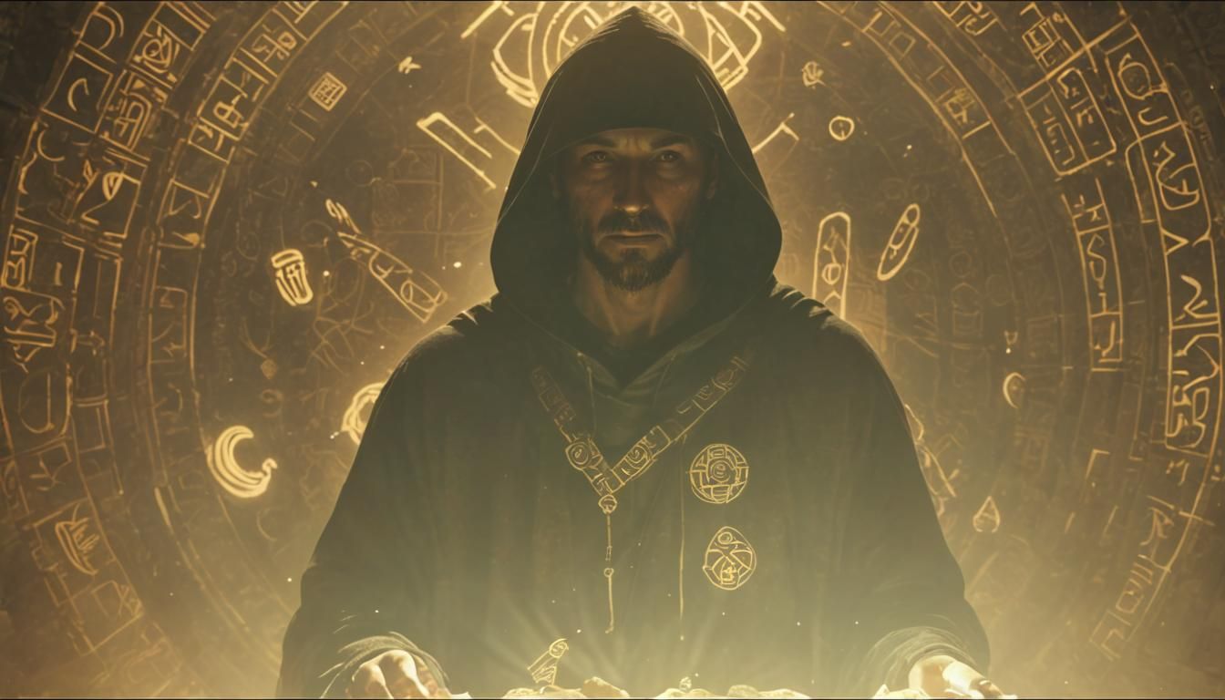 Mystical Hooded Figure with Ancient Artifact