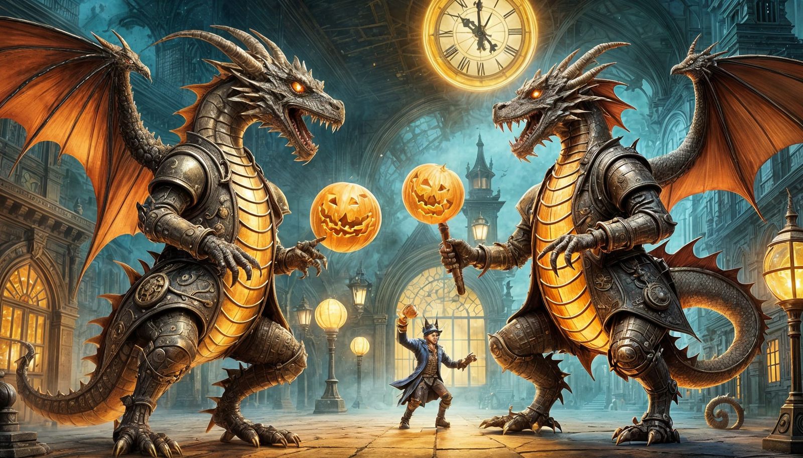 Steampunk Dragons Play Halloween Pickleball Under Eerie Ligh...
