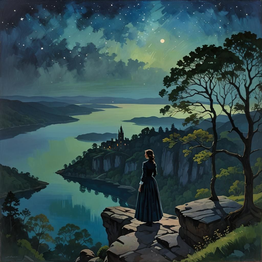 Woman Overlooking Starry Lake: Heidelberg School Impression