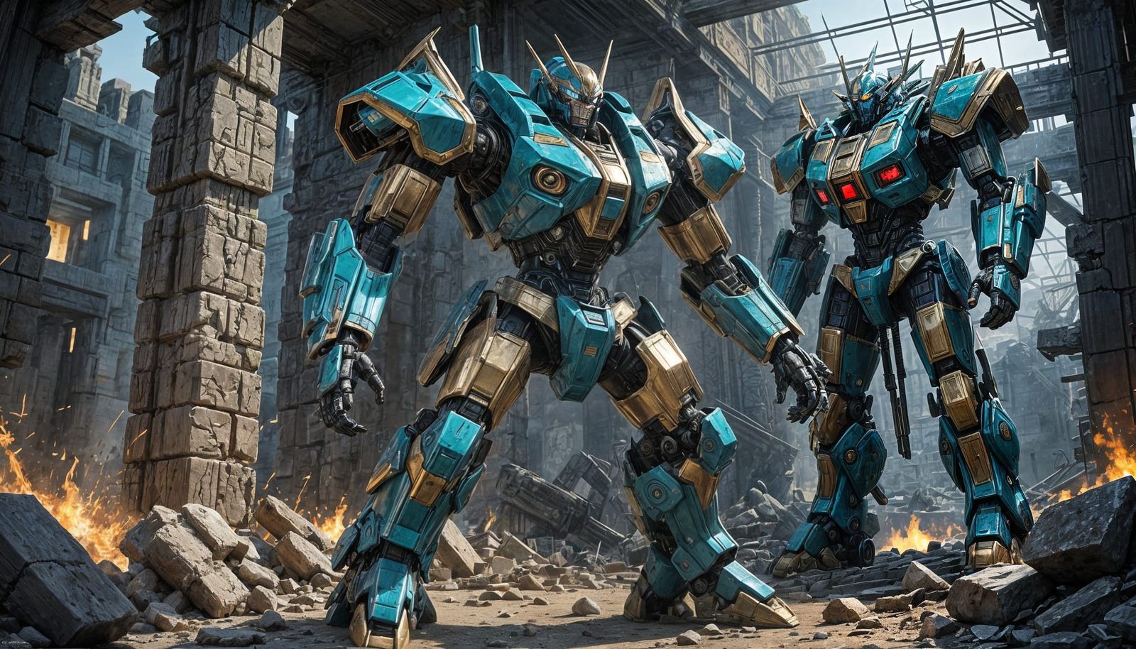 Anime Mecha Duel at Persepolis Ruins in Futuristic Iran