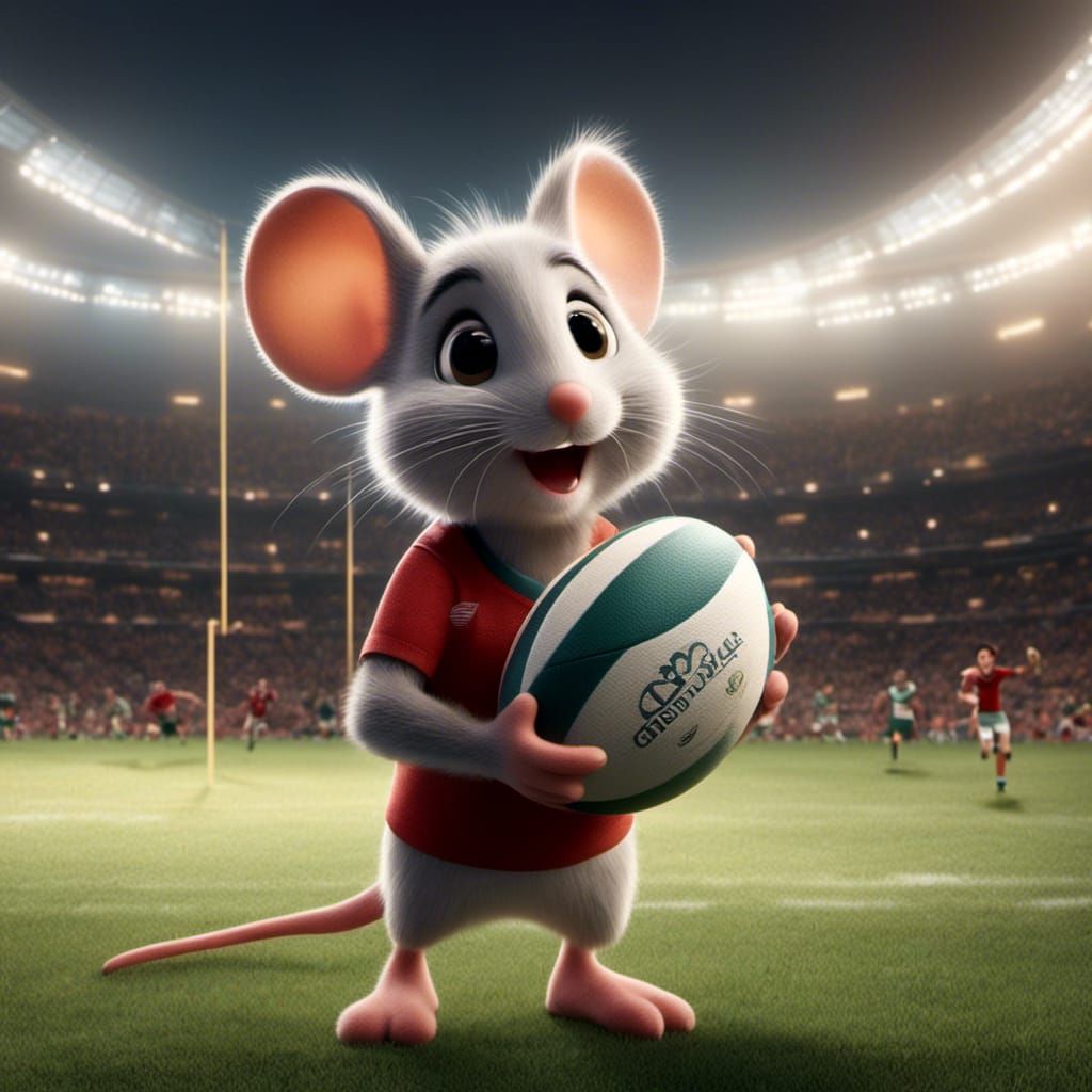 #4 Maisy Mouse holding a rugby ball and in the background a rugby match