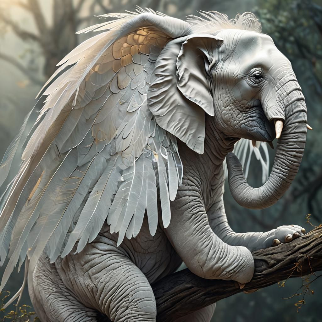 Surreal White Elephant with Transparent Wings