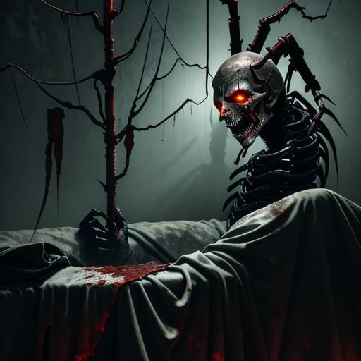 Malevolent Masked Figure Lunging Forward in Giger Style