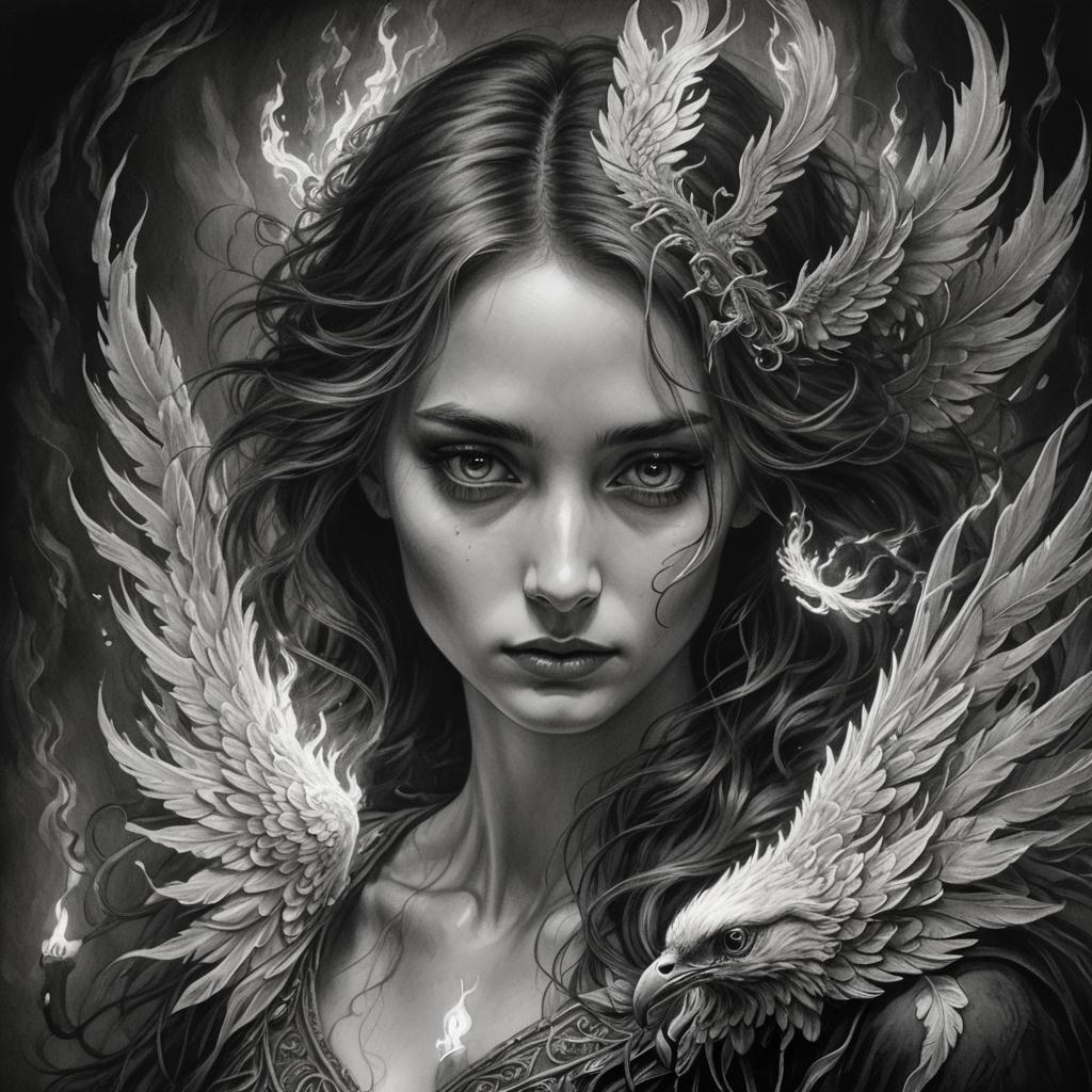 Charcoal Phoenix Portrait with Flaming Heart
