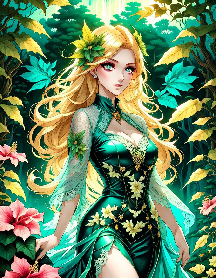 Anime-style, airbrush-art, big manga eyes, nice chest, perfect curvy body, Bioluminescent poison ivy in pink and teal dr...