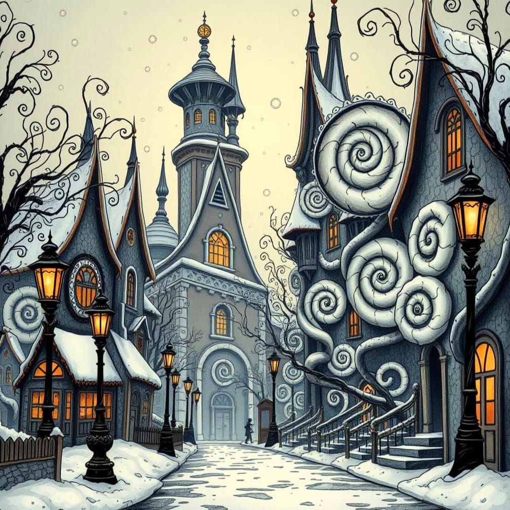 Whimsical Spiral City Street in Gothic Fantasy Style