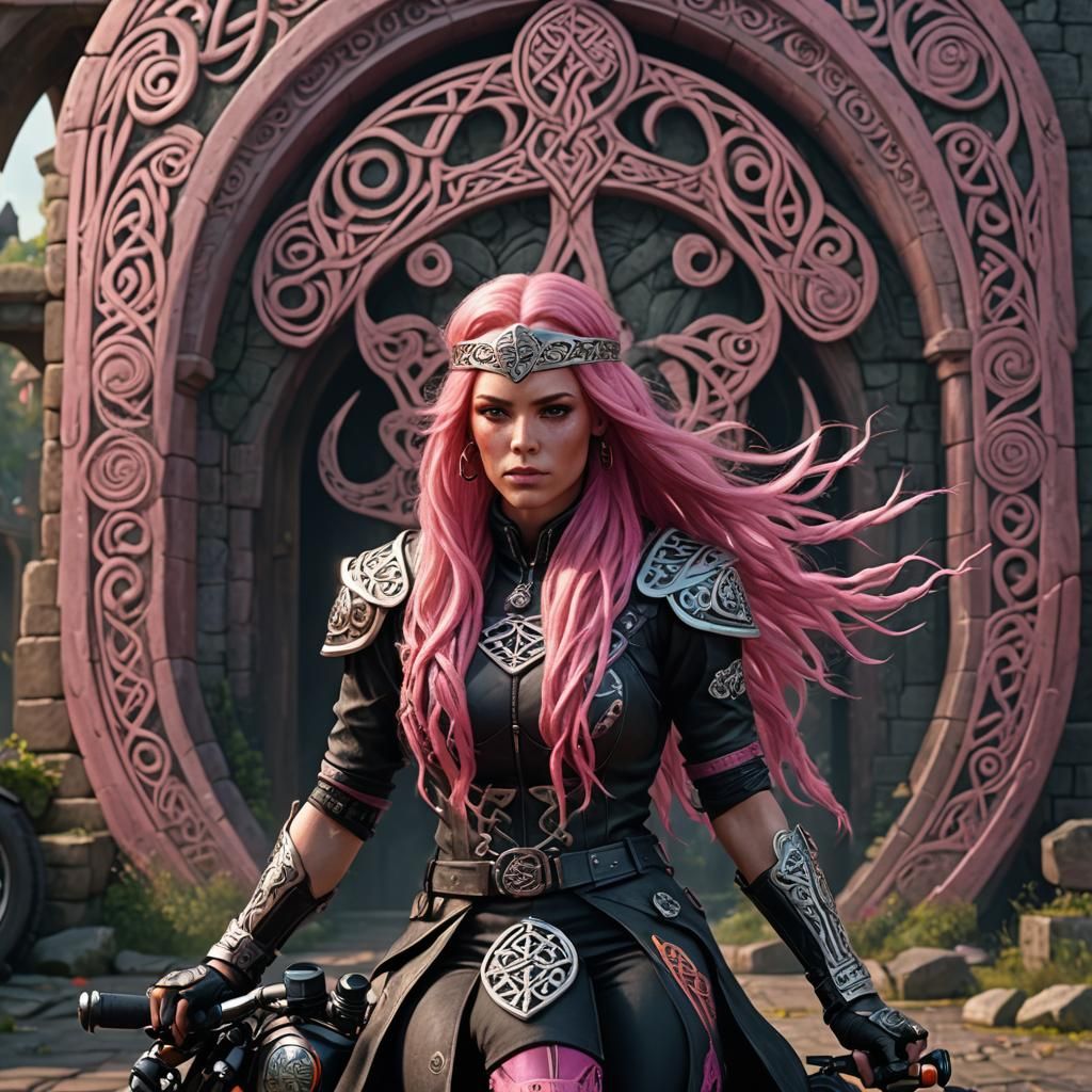 Biker Girl with Pink Hair and Celtic Background