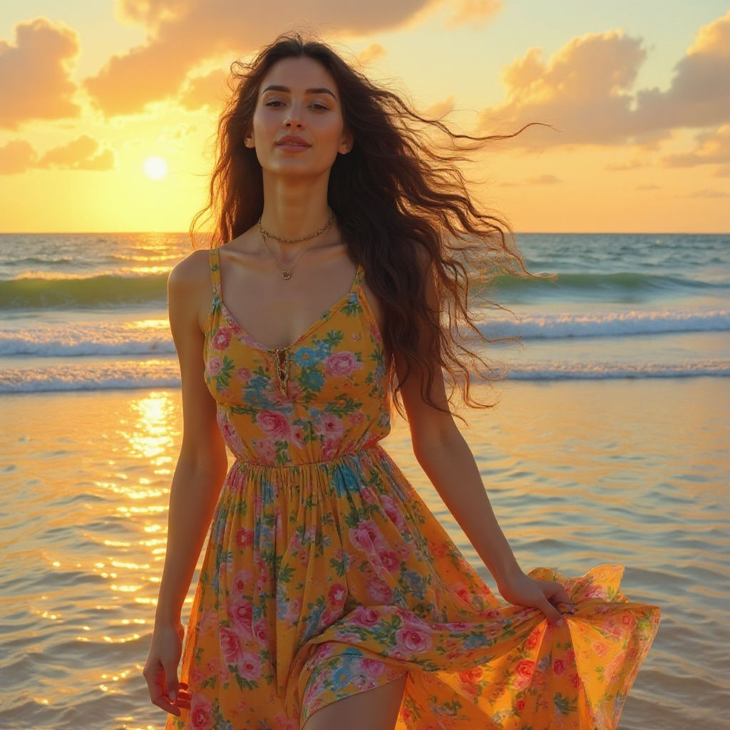 Woman Singing on Beach at Sunset Painting