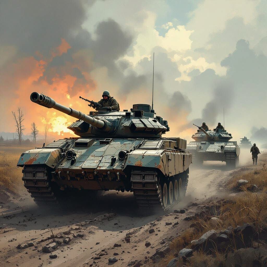 Tiger Tanks Advance in War-Torn Landscape