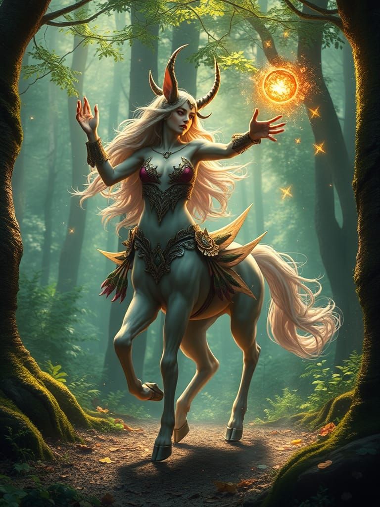 Dancing Centaur in Ethereal Forest: Fantasy Concept Art