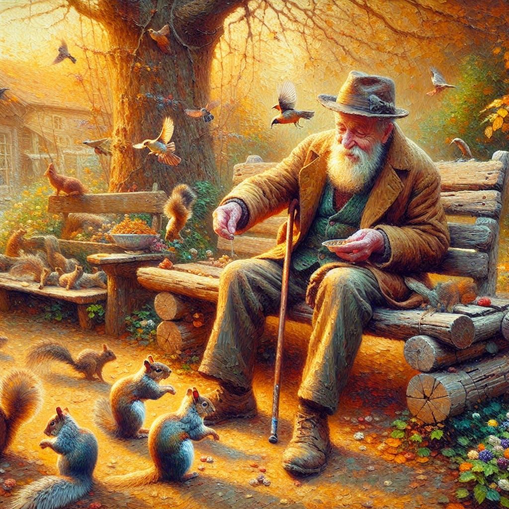 Springtime Serenity: Old Man Feeding Wildlife, Impasto Oil P...