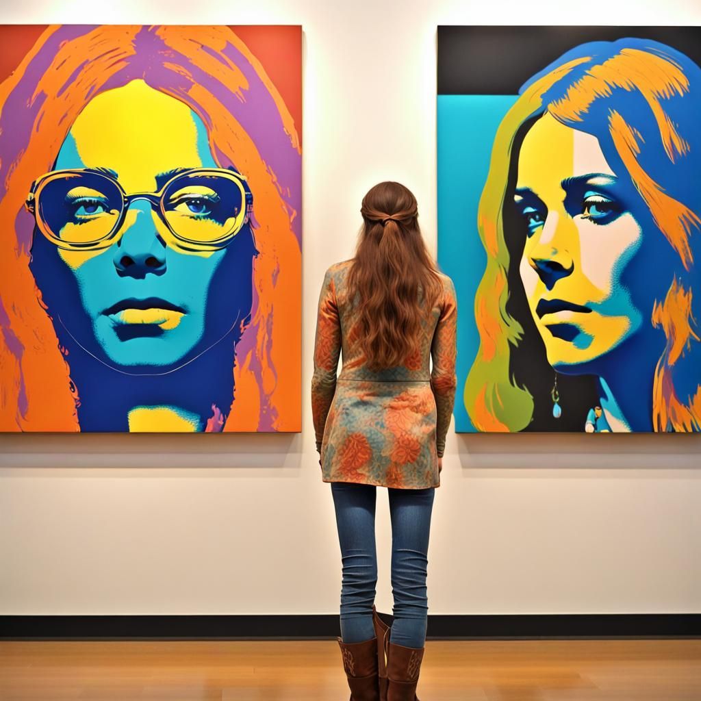 1970s Hippie Girl Gazing at Pop Art in Museum