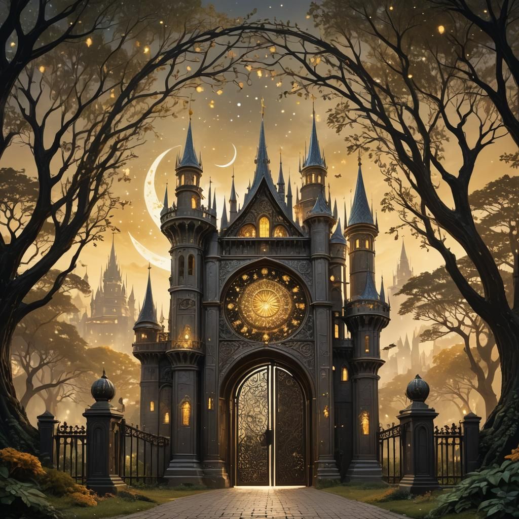 Mystical City Gate to Luminous Cityscape in Art Nouveau