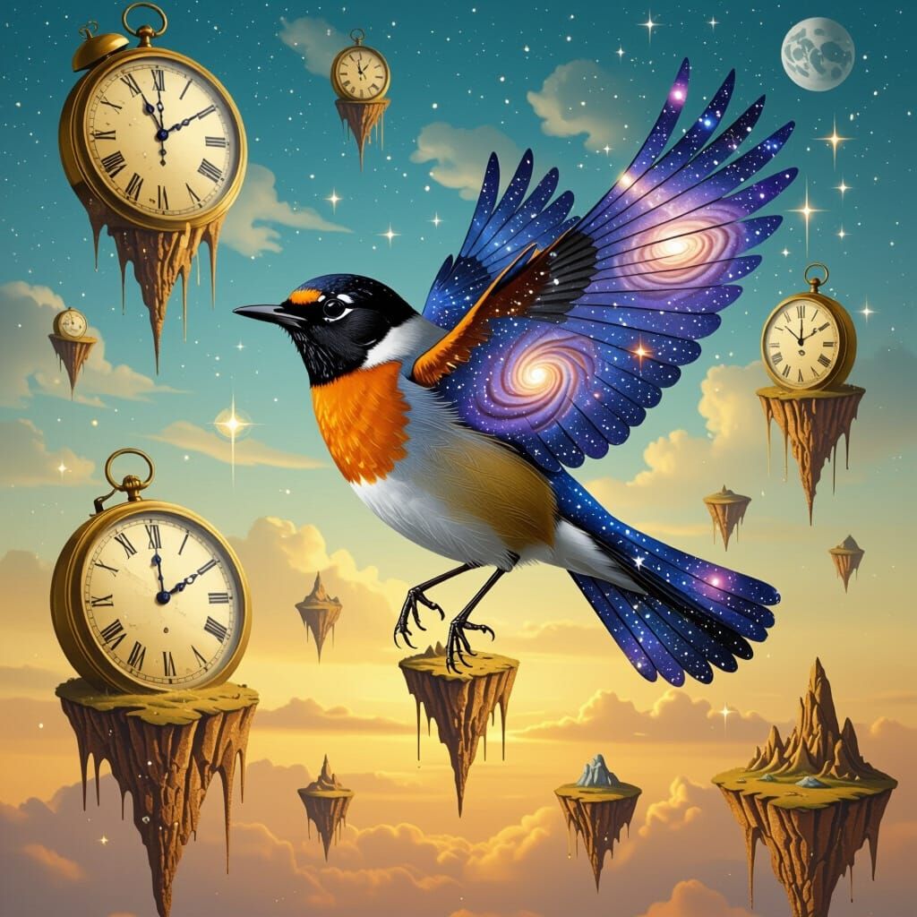 Surreal Robin Flies Through Dali-Inspired Dreamscape