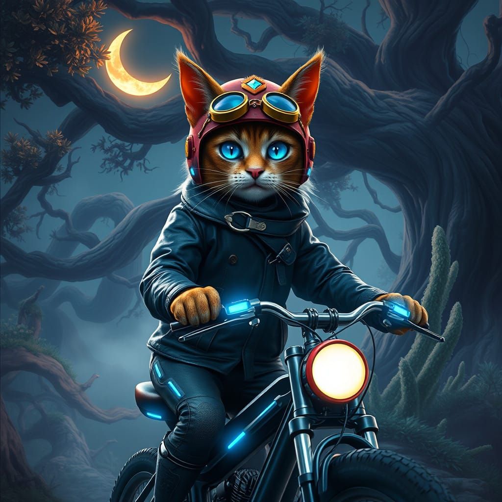 Whiskered Cat Riding a Glowing Bicycle in a Dreamlike Landsc...