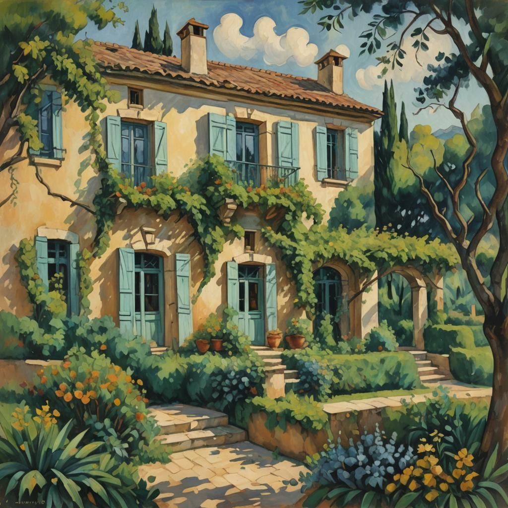 French Manor House in Provence: Impressionist Oil Painting