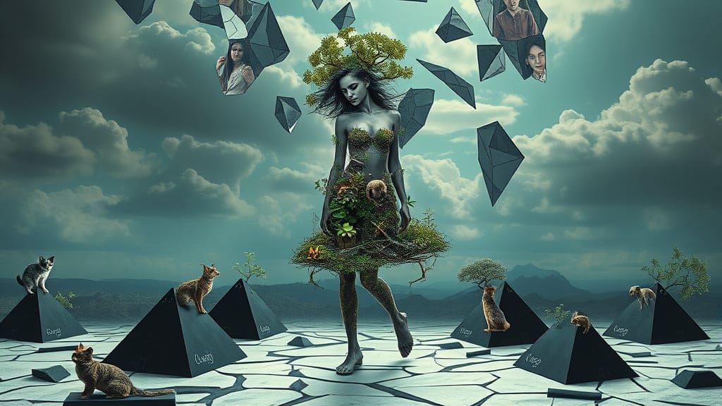 Mystical Woman Composed of Tools on Pyramids