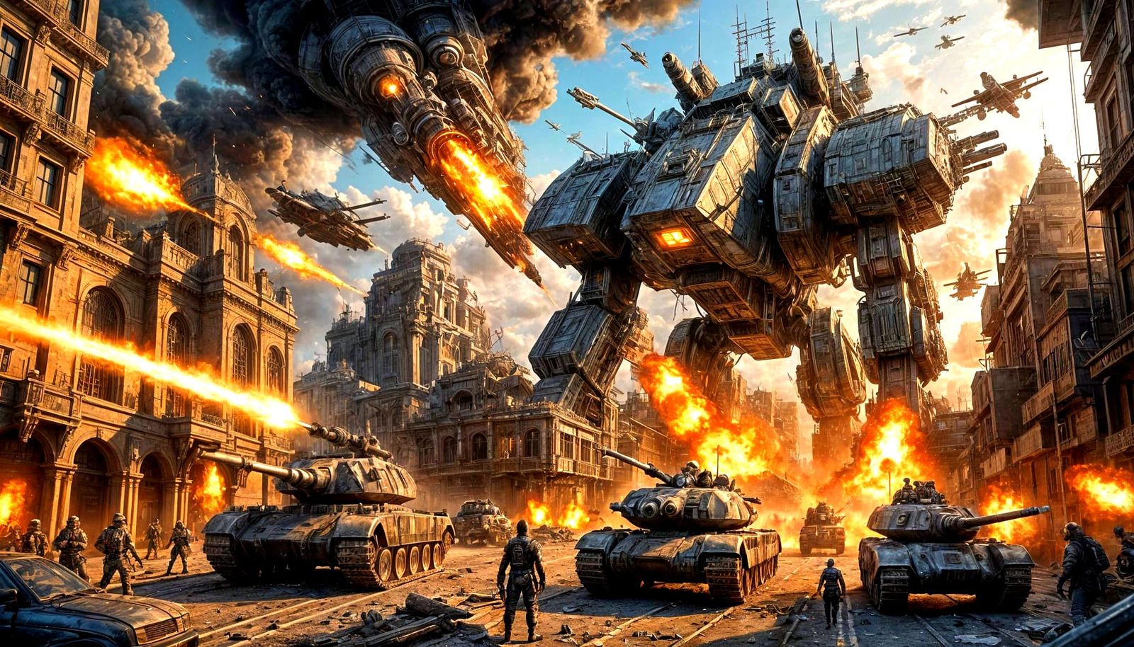 Futuristic Cyberpunk Battle Scene in a Ruined City