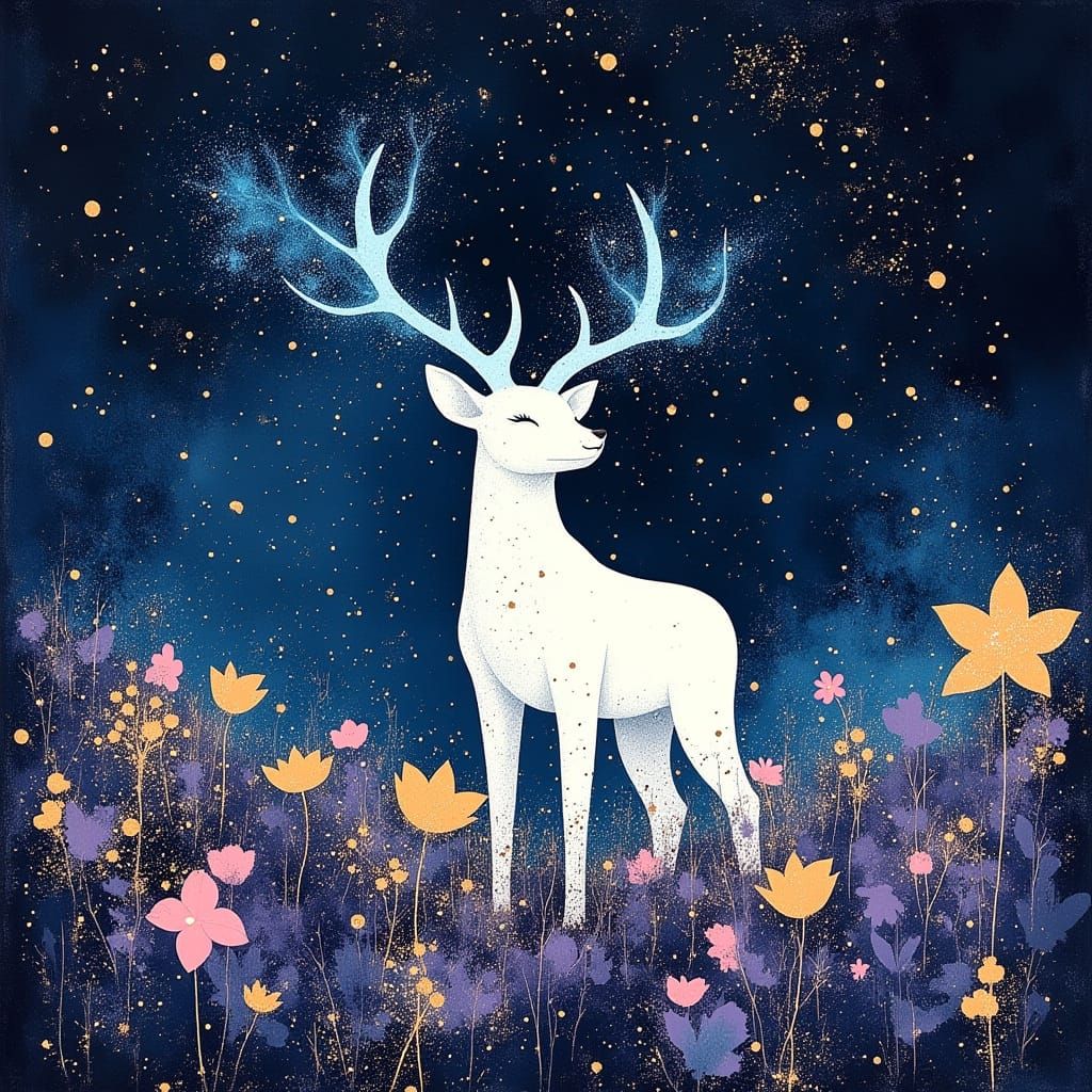 Majestic White Stag With Glowing Runes In Starry Field