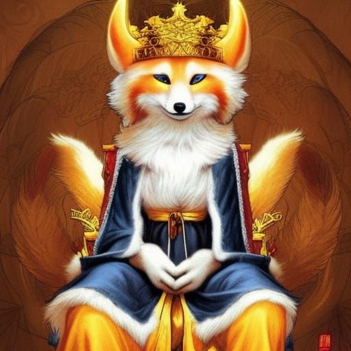 Crowned Kitsune on Throne: Comic Book Art