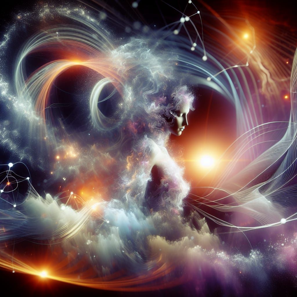 Woman Embraces Wave-Particle Duality in Cyberfunky Photogram