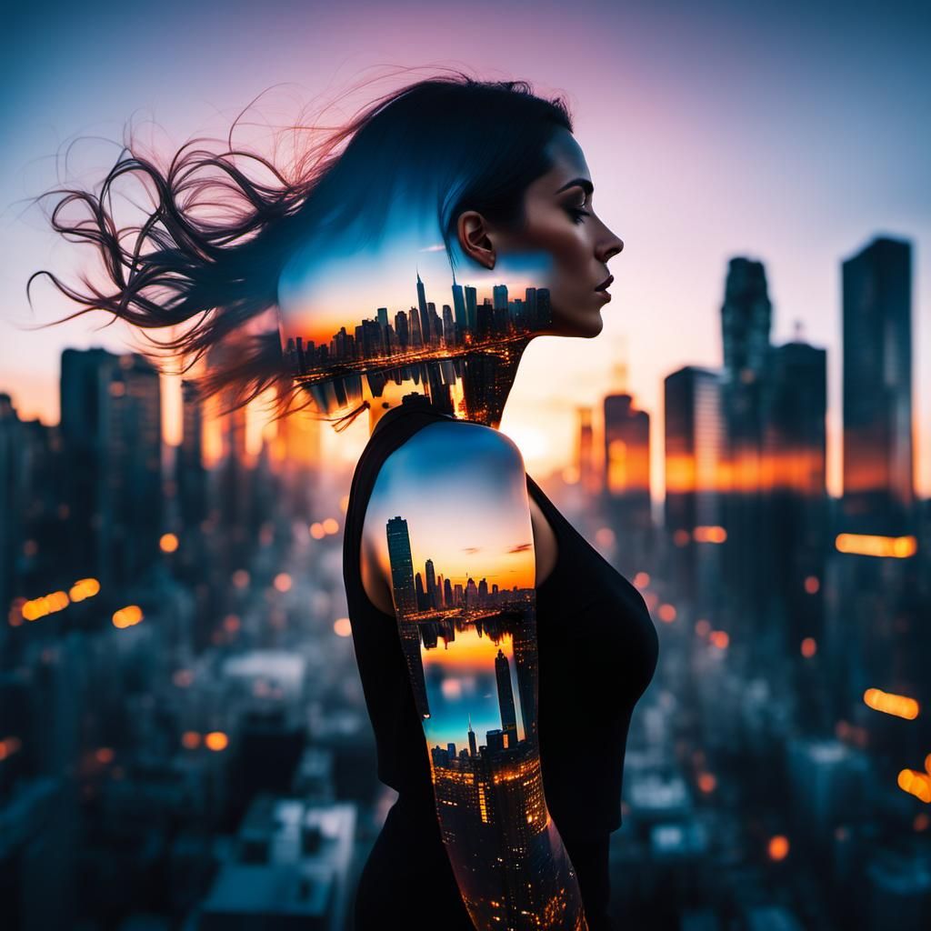 Dreaming Girl in Double Exposure Cityscape Sunset
