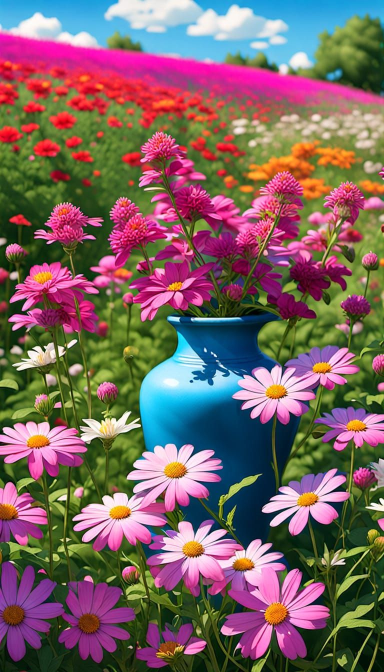 Blue Vase and White Flowers in Wildflower Field