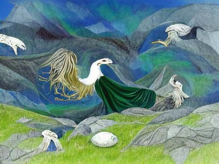 Ethereal Irish Goddess with Swans in Misty Landscape