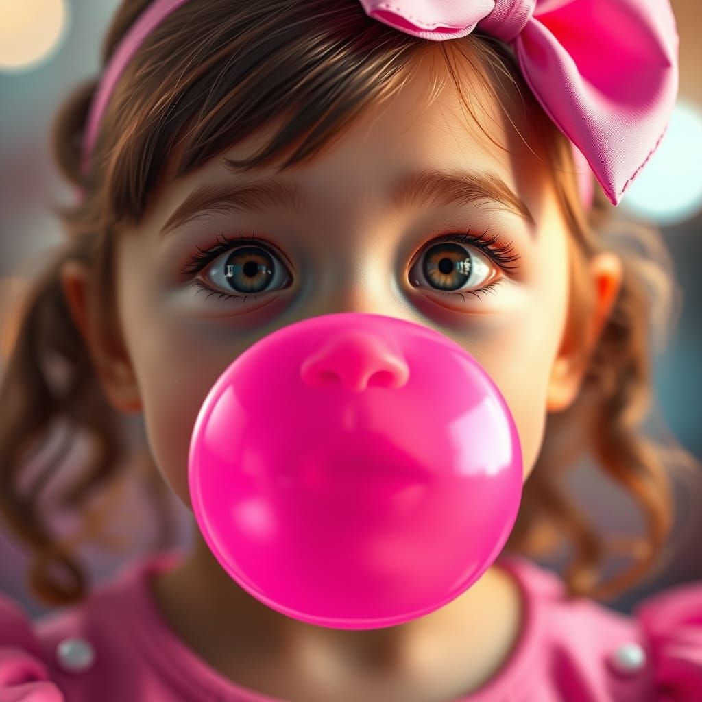 Girl Blows Giant Pink Bubble with Pink Bow Hair