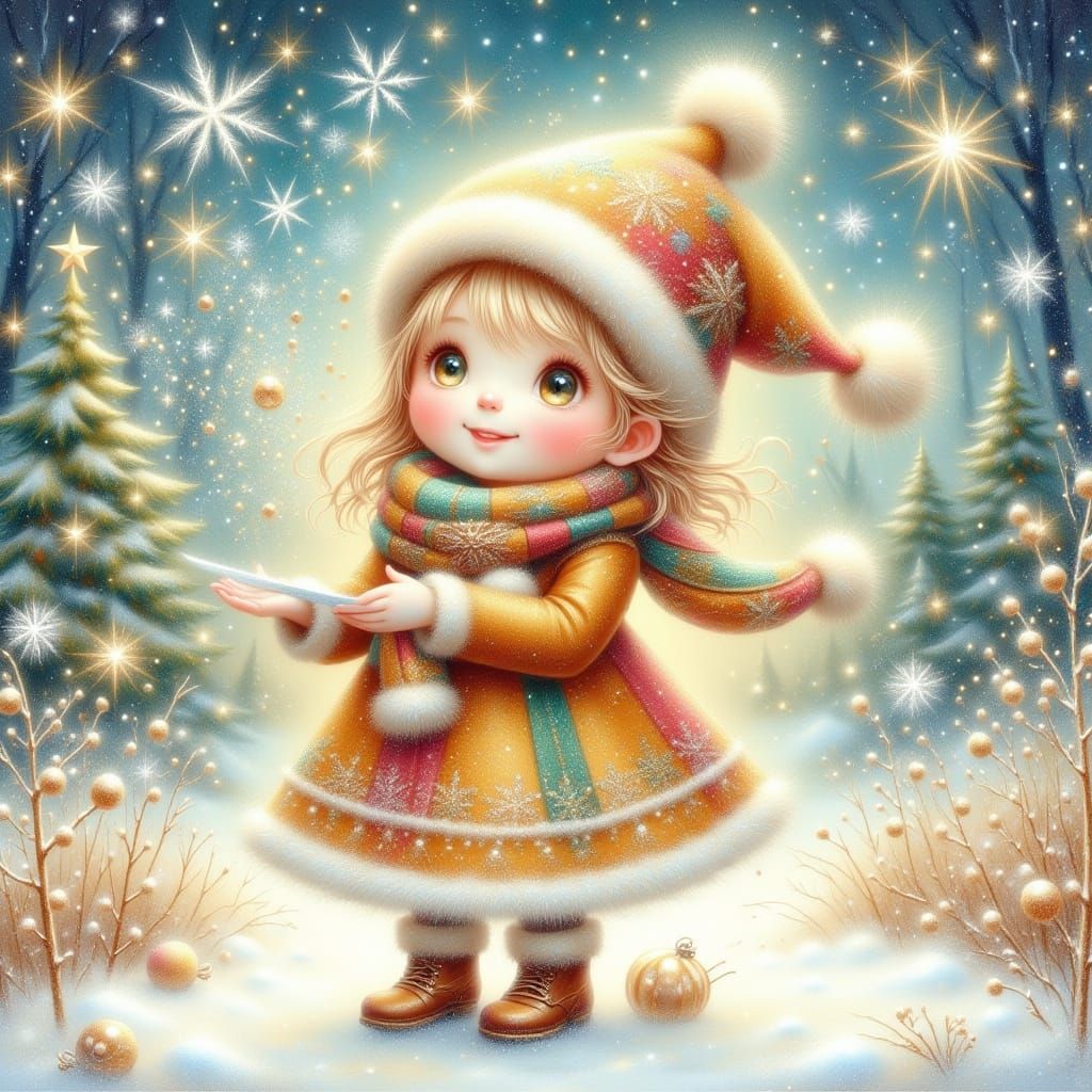 Smiling Girl in Snowy Garden with Sparkling Snowflakes