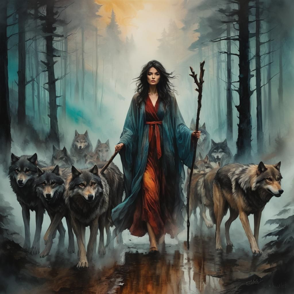 Woman Leads Wolves from Forest as Oil Painting
