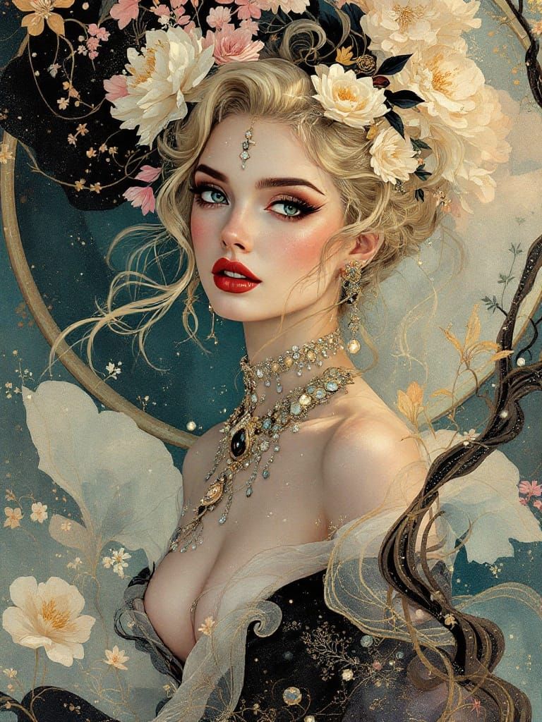 Fantasy Portrait with Botanical and Jewelry Elements