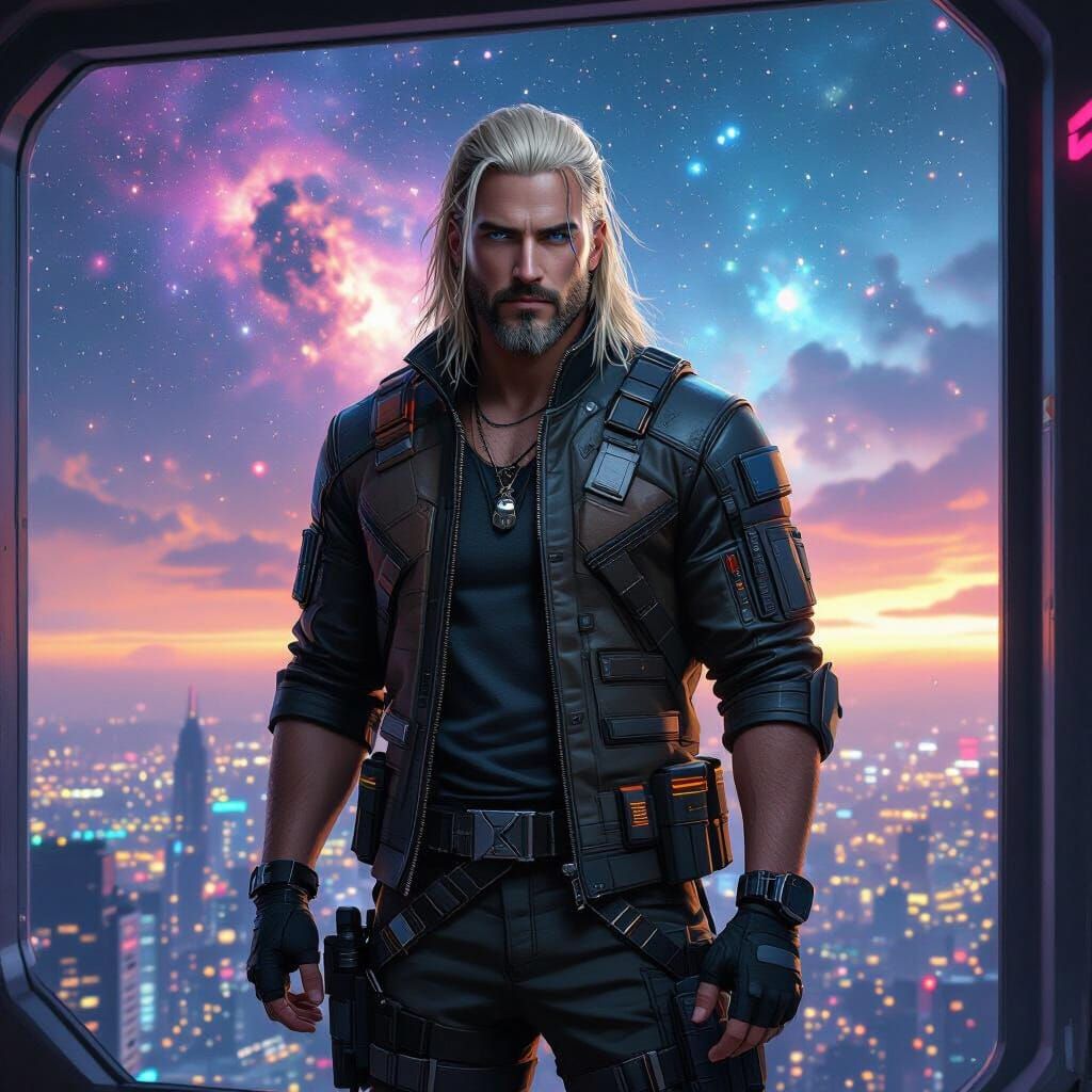 Cyberpunk Character with Galaxy View in Sci-Fi Style