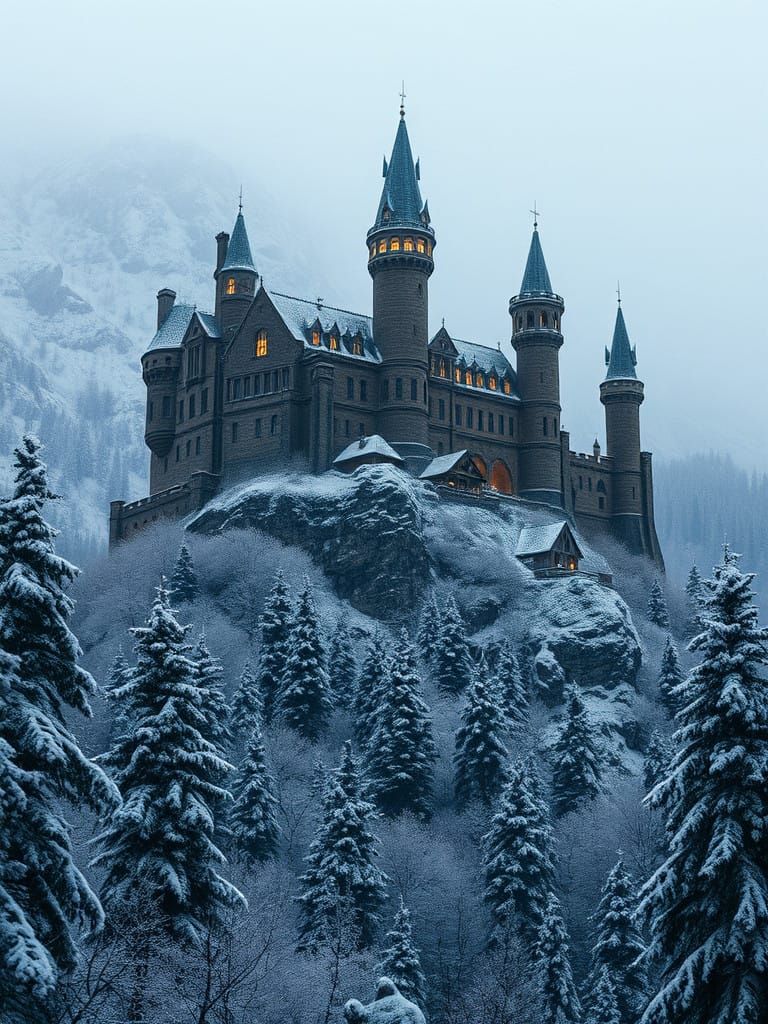 Majestic Winter Castle on Mountain Peak