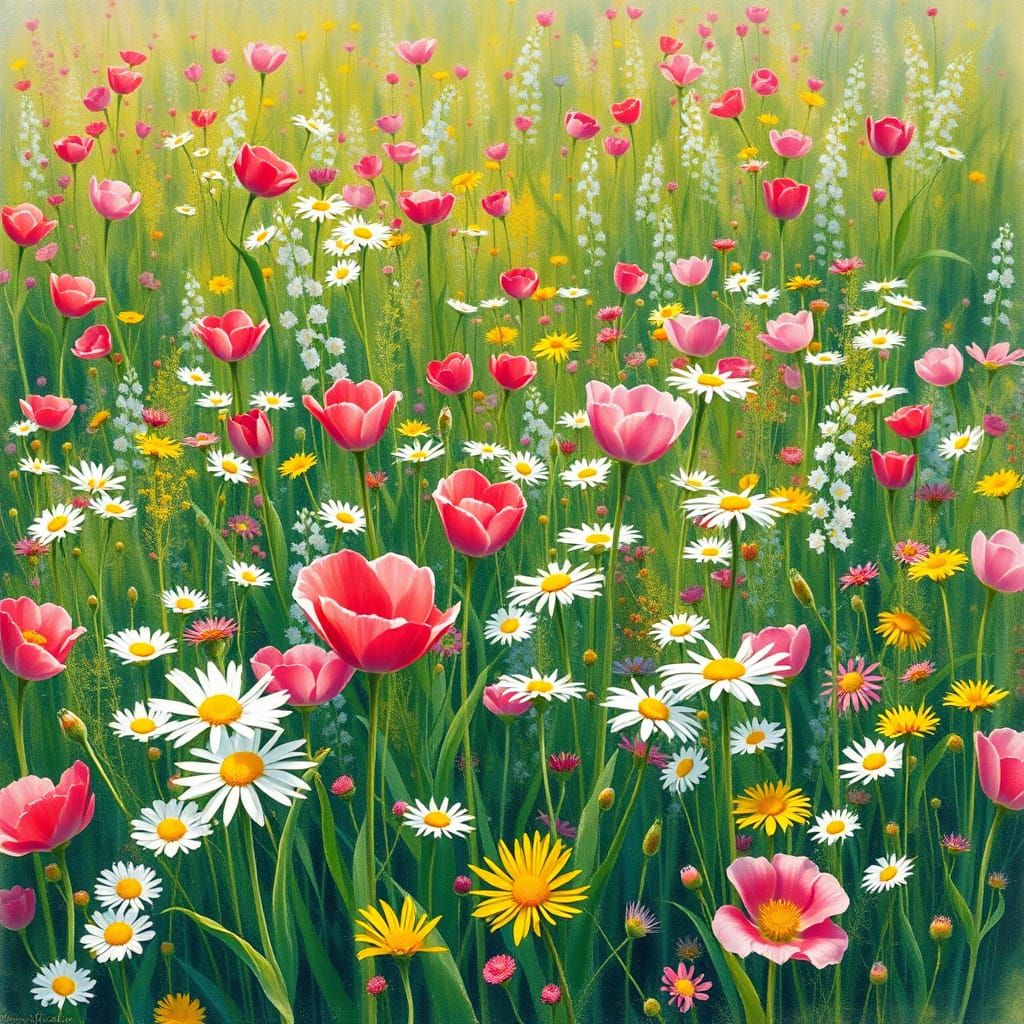 Vibrant Field of Flowers in Impressionist Style