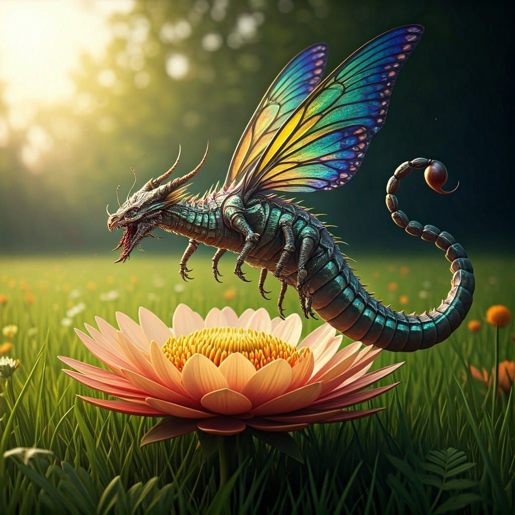 Rainbow Exoskeleton Dragon in Sunlit Meadow