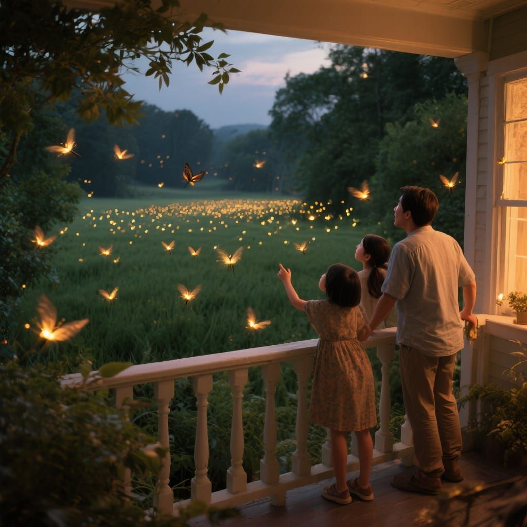 Family Amazed by Fireflies Taking Flight at Night