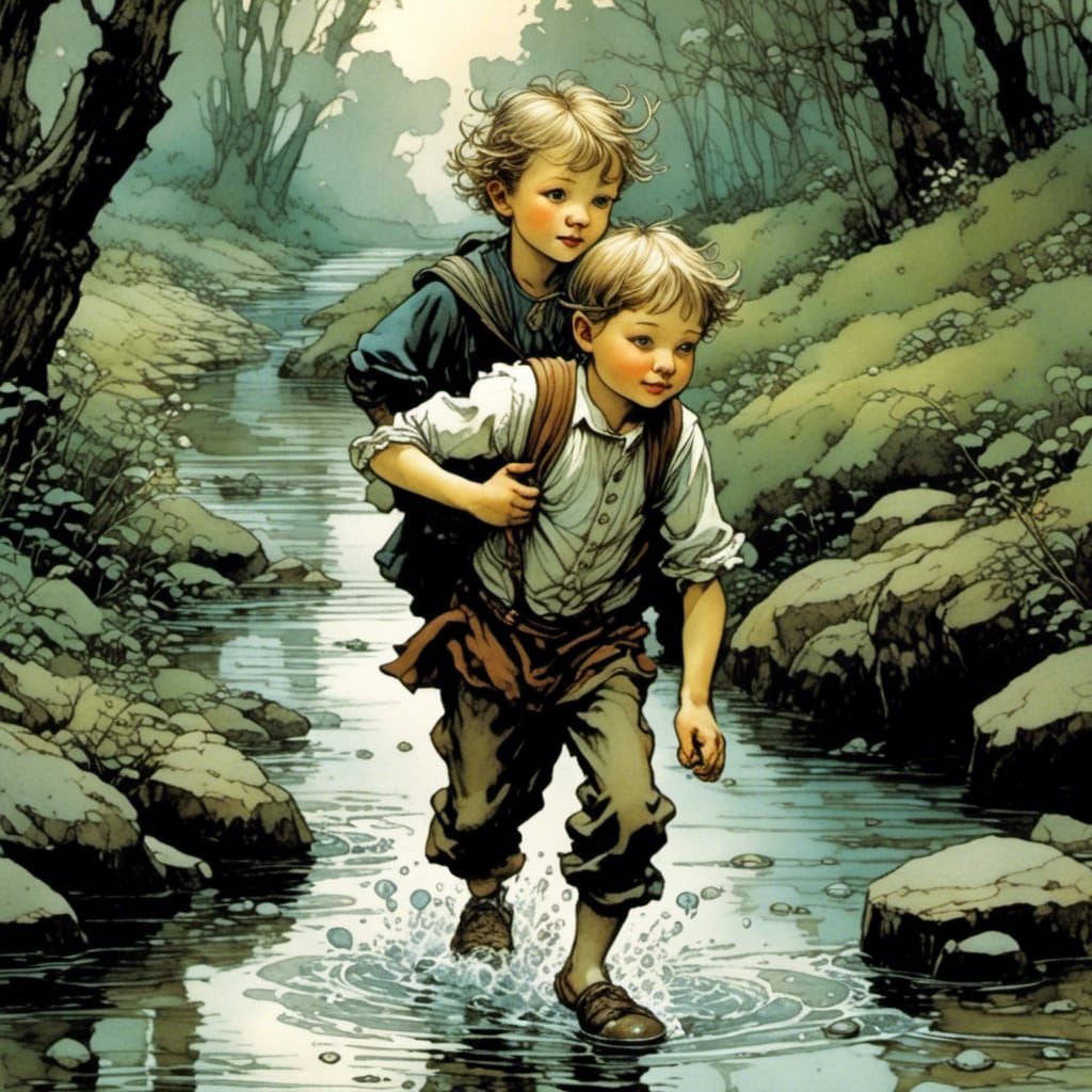 Brother and Sister in Stream, Illustrated Style