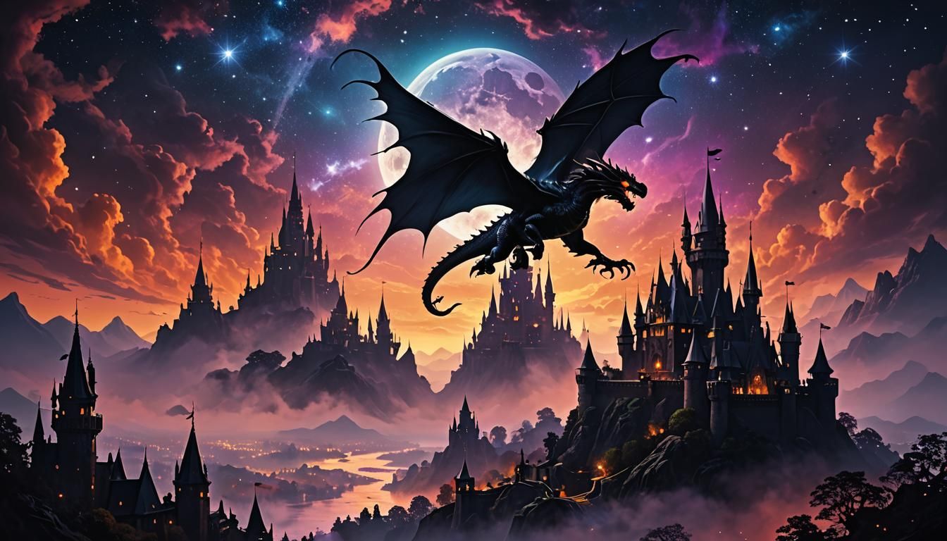 Dragon Silhouette Over Fairytale Castle in Dark Fantasy Styl...