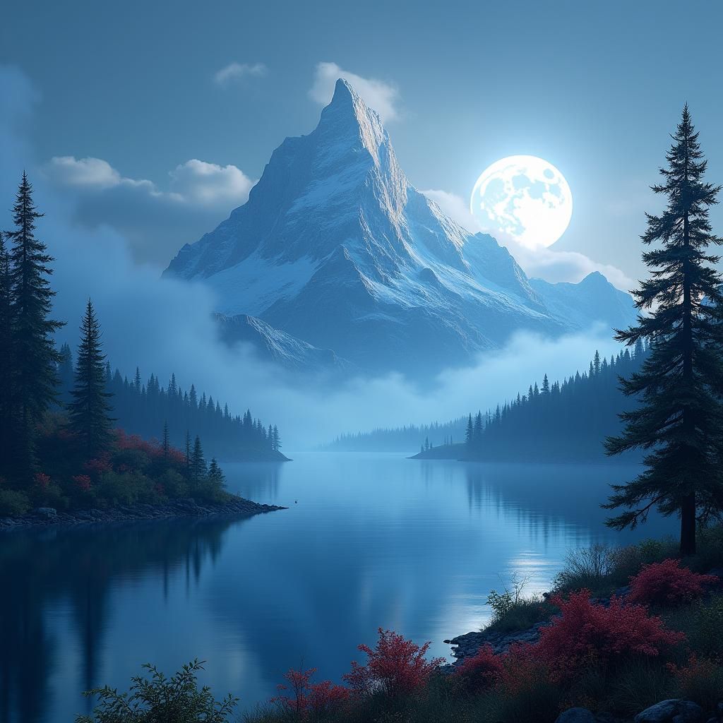 Moonlit Mountain Lake: Fantasy Concept Art