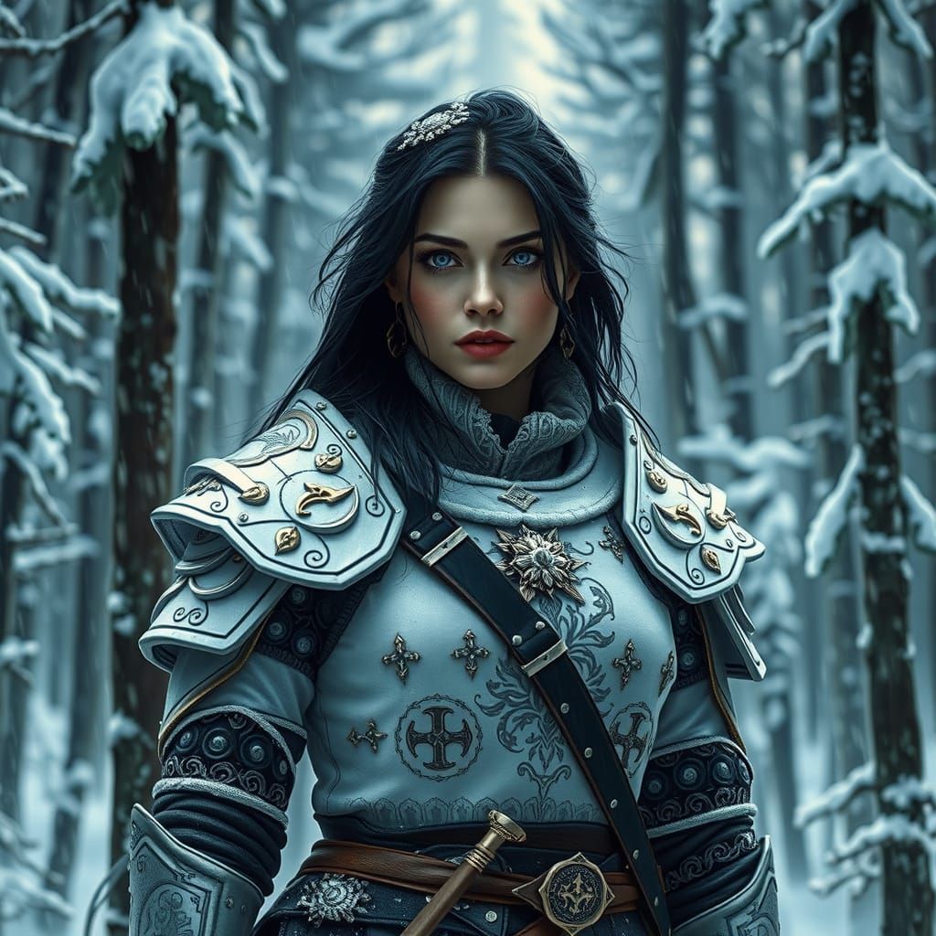 Woman Warrior in Snowy Forest, Hyperrealistic Detail