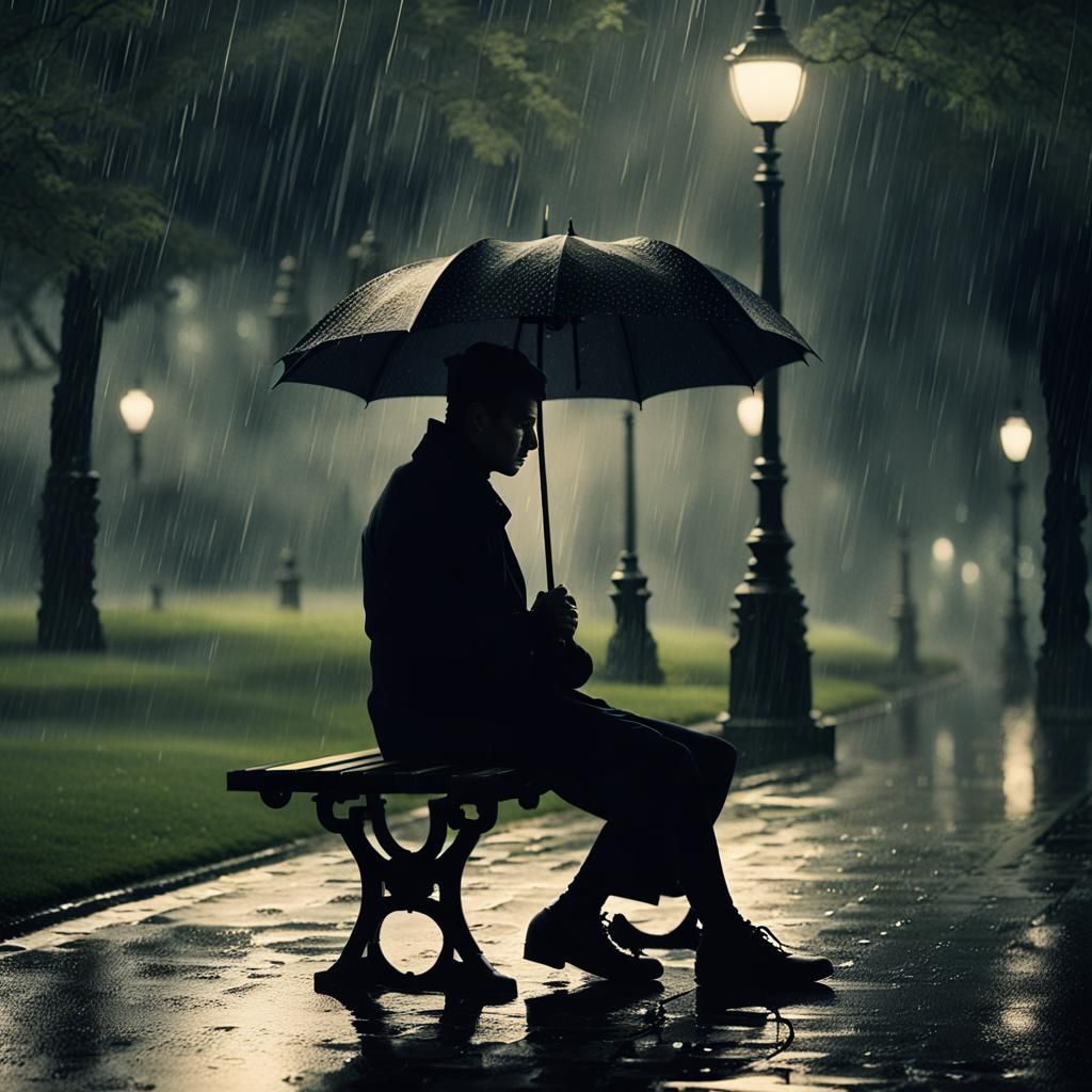 Noir Rainy Park Bench Scene in Dutch Masters Style